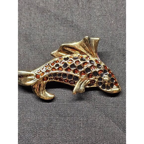 Unbranded Jewelry - Gold-Tone Koi Fish Brooch With Orange Rhinestones & Textured Back Vintage Jewelr